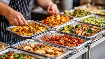 A chef serving a variety of colorful dishes in aluminum trays at a catering event, showcasing diverse culinary delights.