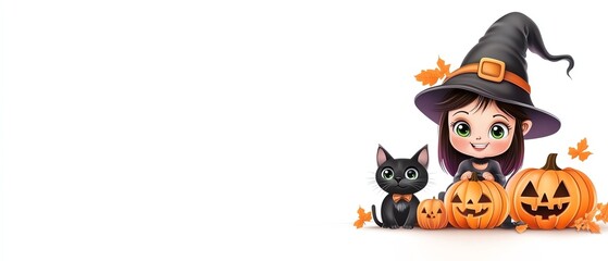A cheerful witch with a black cat, surrounded by carved pumpkins, perfect for Halloween-themed illustrations and decorations.