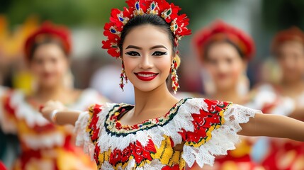 A joyful dancer in a colorful traditional costume, radiating energy and cultural pride at a vibrant festival celebration.