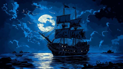 Pop art large pirate ship floating on water at night. Dark blue sky and moon background in pop art retro comic style.