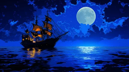 Wandcirkels Piraten Pop art large pirate ship floating on water at night. Dark blue sky and moon background in pop art retro comic style.  © Furkan