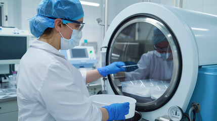 Research laboratory technician with EPI respiratory protection, protective clothing. Biohazard samples in laminar flow fume. Highly lethal viruses and bacteria control. Clinical Microbiology biosafety