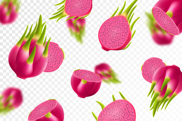 Flying ripe red dragon fruit. Bright background falling juicy fruit pitahaya, realistic illustration with blurred effect. 3d vector design for advertising banners and web page design