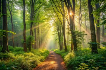 Obraz premium Serenene forest surroundings with dense foliage, sun-dappled path, and misty atmosphere, evoking feelings of tranquility and connection with nature's beauty and simplicity.