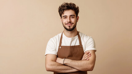Young smiling happy man barista barman employee wear brown apron work in coffee shop hold hand crossed folded look camera isolated on plain pastel light beige background Small business startup concept
