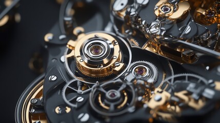 Close-up of intricate gold and silver gears and mechanisms of a luxury watch.