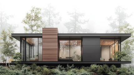 Modern House in the Woods with Foggy Atmosphere