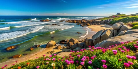 Fototapeta premium Serenene spring morning at Cabo Polonio beach, Uruguay, with rugged rocks, vibrant flowers, and gentle waves against a bright blue sky on a calm day.