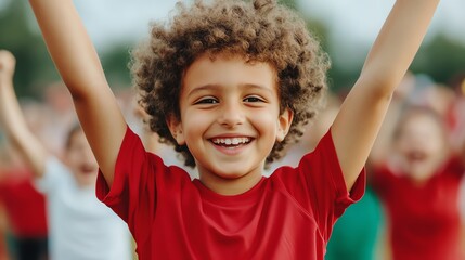 Joyful child in red shirt with raised arms celebrating success in a fun outdoor setting with friends and family.