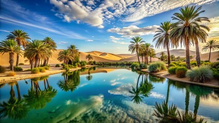 Serene oasis scene featuring a tranquil pool of water surrounded by lush palm trees and vast expanse of sandy dunes under a bright blue sky.