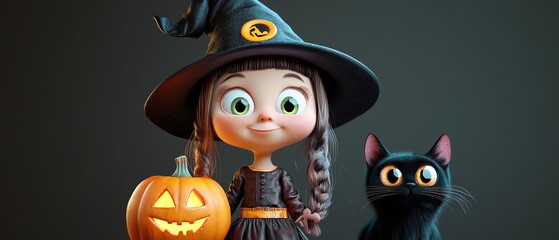 A charming witch character stands beside a pumpkin and a black cat, perfect for Halloween-themed projects.