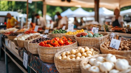 Fototapeta premium Vibrant market scene showcasing fresh, colorful produce in woven baskets, perfect for food lovers and culinary enthusiasts.