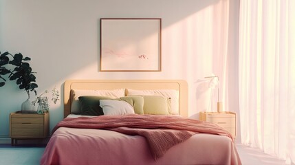 Serene Ambiance: A Photorealistic 4K Bedroom with Soft Natural Pastel Colours and a Light Chromatic Palette.