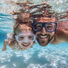 Naklejka premium Father and daughter swimming underwater