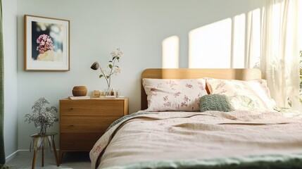 Serene Ambiance: A Photorealistic 4K Bedroom with Soft Natural Pastel Colours and a Light Chromatic Palette.