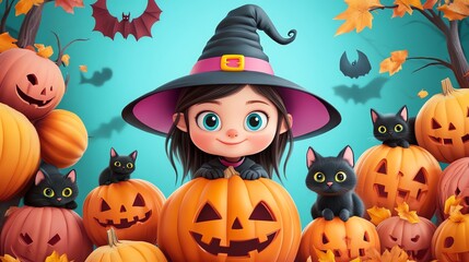 A cheerful witch surrounded by pumpkins and playful black cats, perfect for Halloween-themed decorations and illustrations.