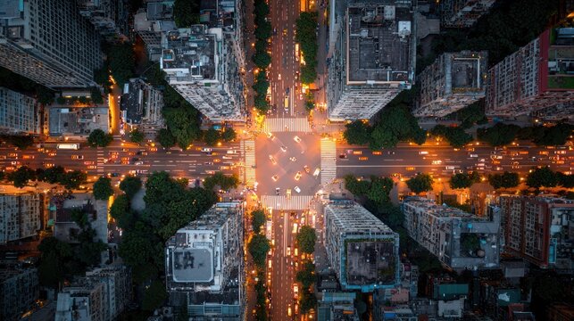 Aerial View of Urban Intersection at Night with Traffic and Streetlights