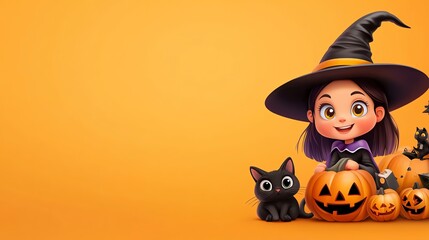 A cheerful young witch with a black cat and pumpkins, set against a vibrant orange background, perfect for Halloween-themed designs.