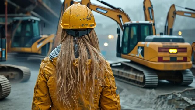 Near a digger is a female worker in construction.