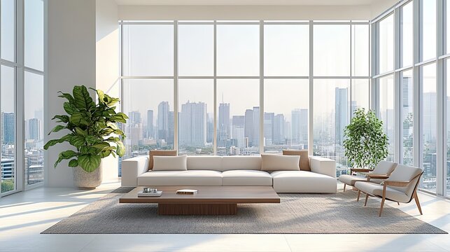 A modern, spacious living room filled with minimalist furniture, accented by unsplash transparent fractals and large glass windows overlooking a sleek urban landscape, leaving a generous copy space