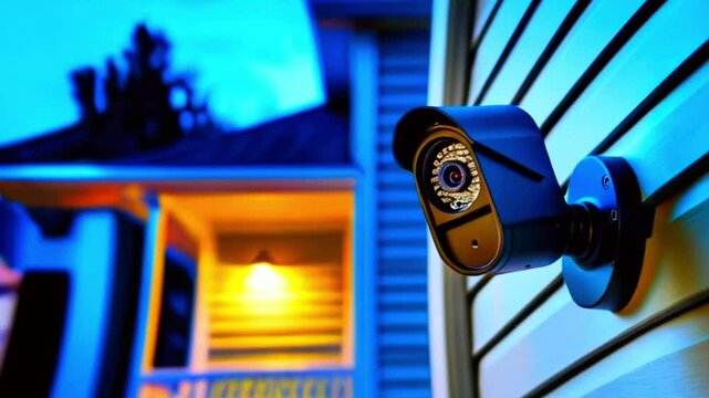 A Detailed View of a Mounted Security Camera with Protective Hood on a House's Siding, Highlighted by Warm Exterior Lighting and a Cool Blue Sky