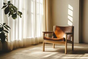 A minimalist living room with detailed wooden furniture, large windows letting in a soft unsplash of light, casting intricate shadows, with a brown leather chair positioned near the window and ample