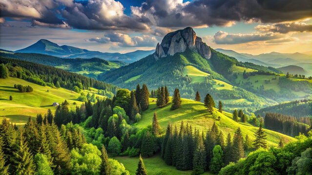 Serene summer landscape of Ceahlau mountains, with Toaca peak majestically rising in the background, showcasing lush green forests and rolling hills in Romania's Carpathian range.