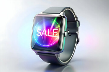 Smartwatch with Holographic Sale Banner concept as Horizontal shot of a smartwatch lying flat on a white surface with a glowing holographic sale banner hovering above it offering a sleek and futuristi