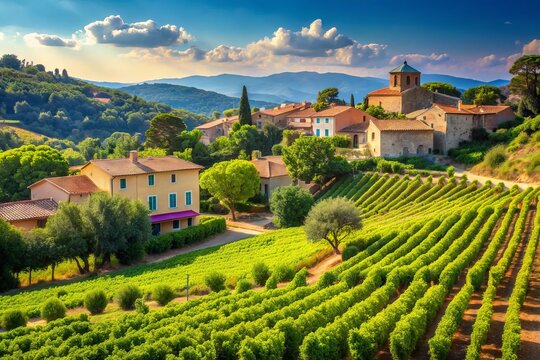 Serene summer landscape of the French Riviera featuring rolling hills, picturesque houses, and lush green vineyards producing rose wine near Saint-Tropez, Var, France.