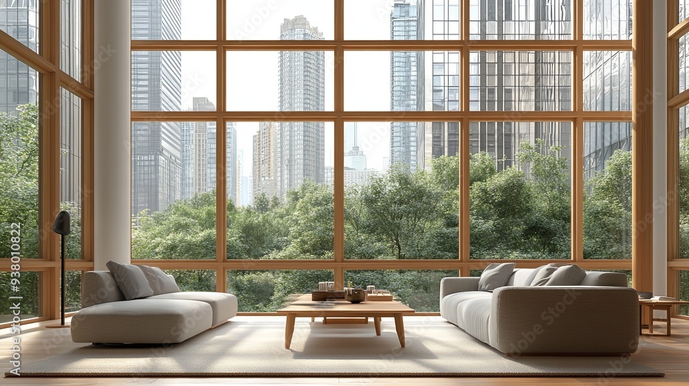 Wall mural A modern living room featuring minimalist decor and large windows with a view of sleek glass buildings, the scene filled with warm lighting and detailed renderings of wooden elements, with