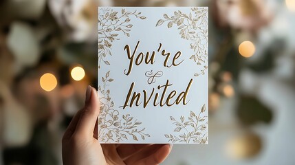 A hand holding an elegant invitation card featuring gold floral designs and "You're Invited" text, with soft bokeh lights in the background.