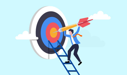 Climb up ladder to reach target or goal, aspiration to success, growth or aiming to achieve target, objective or purpose, motivation to winning concept, businessman climbing ladder to business goal.