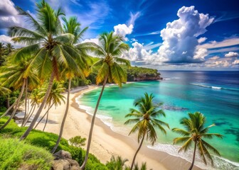 Fototapeta premium Serene tropical beach scene on Bali Island, featuring a picturesque coastline with swaying palm trees, pristine white sand, and calm turquoise ocean waters.
