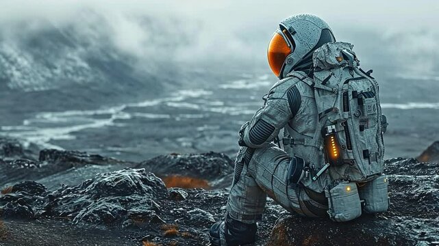 A helmetless future astronaut on a different planet