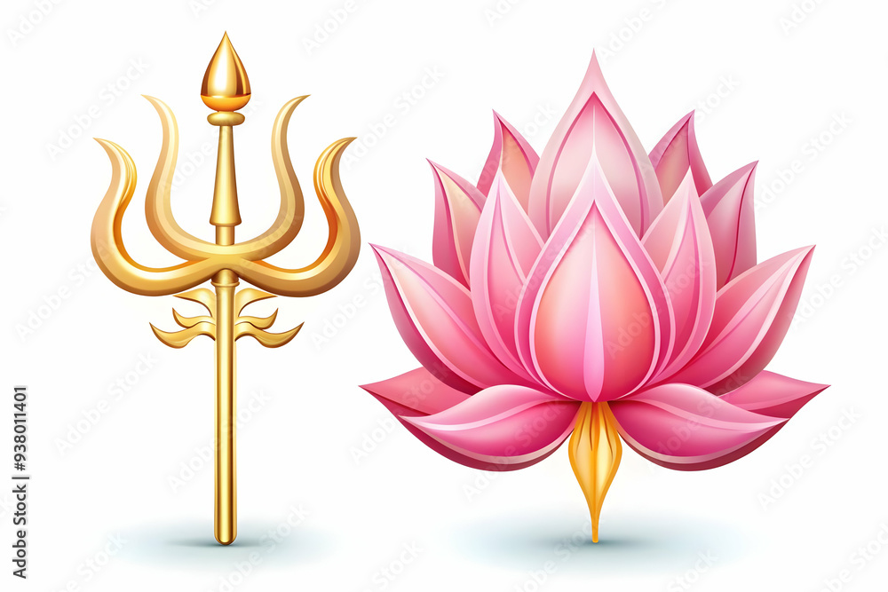 Poster Trident and Lotus Abstract concept as Abstract vector of a trident crossed with a lotus flower both isolated on a white background symbolizing divine strength and purity in Hinduism with a glossy and 