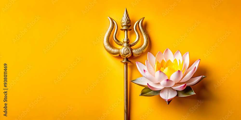 Poster Trident and Lotus Abstract concept as Abstract vector of a trident crossed with a lotus flower both isolated on a white background symbolizing divine strength and purity in Hinduism with a glossy and 