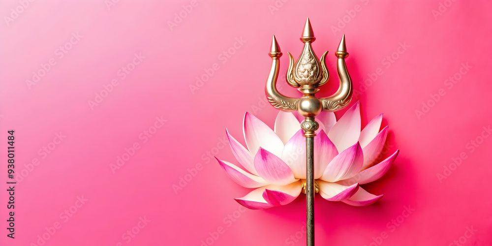 Poster Trident and Lotus Abstract concept as Abstract vector of a trident crossed with a lotus flower both isolated on a white background symbolizing divine strength and purity in Hinduism with a glossy and 