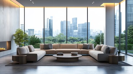 A luxurious living room filled with minimalist furniture and large windows overlooking sleek glass buildings, the soft lighting creating a cozy atmosphere with ample copy space at the bottom