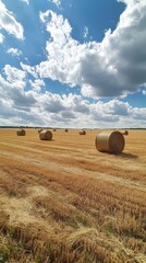 Round hay bales drying in a rural field under a clear blue sky with fluffy clouds, symbolizing farming hard work. Serene farm scene with copy space