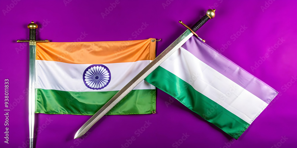 Poster victory flag and sword concept as abstract vector of a victory flag crossed with a sword isolated on