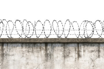Barbed wire fence on top of concrete wall isolated on transparent background. Concept of restriction of freedom and prison
