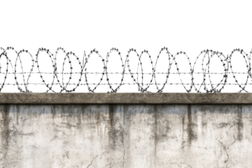 Barbed wire fence on top of concrete wall isolated on transparent background. Concept of restriction of freedom and prison