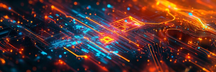 Fototapeta premium Abstract Circuitry: Glowing Lines and Data Flow - A close-up image of a futuristic circuit board, showcasing glowing lines, data flow, and the intersection of technology and design. It symbolizes the 
