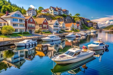 Fototapeta premium Serene waterfront scene in Lindesnes, Norway, featuring sleek, luxurious boats docked in front of modern, upscale apartment buildings on a sunny summer day.