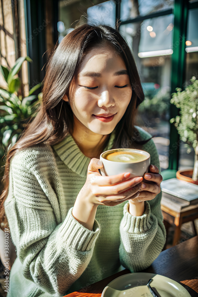 Wall mural an asian woman holding a cup of coffee in her hands, enjoying a moment of relaxation