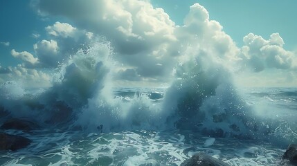 Naklejka premium A serene ocean scene with crashing waves and a bright sky filled with clouds.