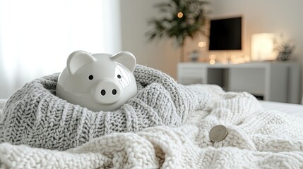 Smiling Piggy Bank Wrapped in Cozy Knitted Blanket