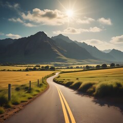 Obraz premium road in the mountains. sunset on the road. sunset on highway. road in between field. highway road in desert.