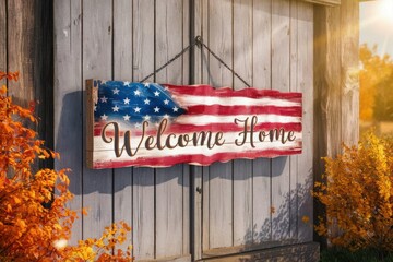 Rustic Welcome Home Sign with American Flag