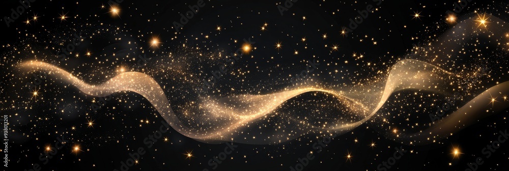 Aufkleber abstract gold wave with sparkling stars on black background - abstract background with a golden wave